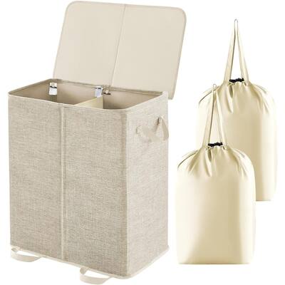 Double Laundry Hamper with Lid and Removable Laundry Bags, Collapsible 2 Dividers Dirty Clothes Basket with Handles