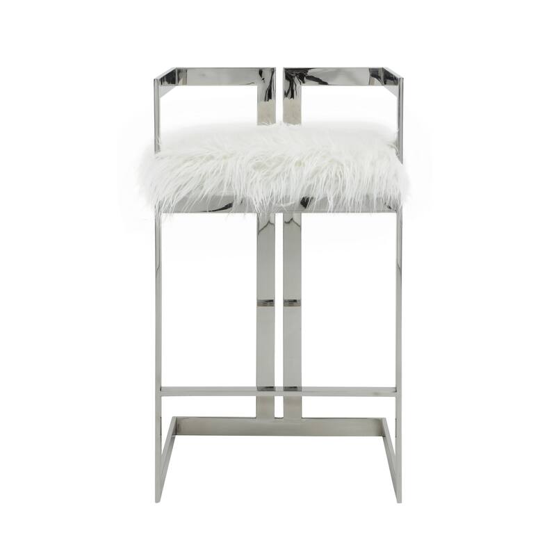 Suki 30 Inch Barstool Chair, White Faux Fur, Silver Stainless Steel Frame