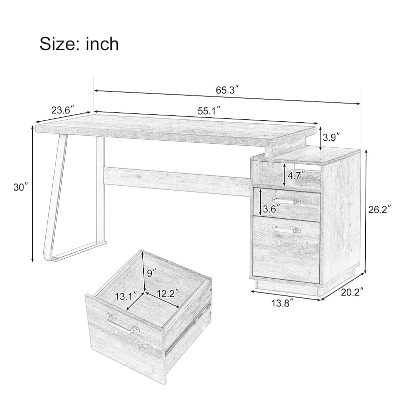 Roomfitters Home Office Desk with Drawers, 65" Writing Table with Hanging File Storage, Study Workstation, Walnut