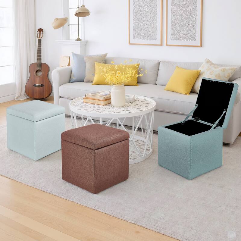 Cotton Fabric Square Fliip Top Storage Small Ottoman Footstool for Living Room & Bedroom