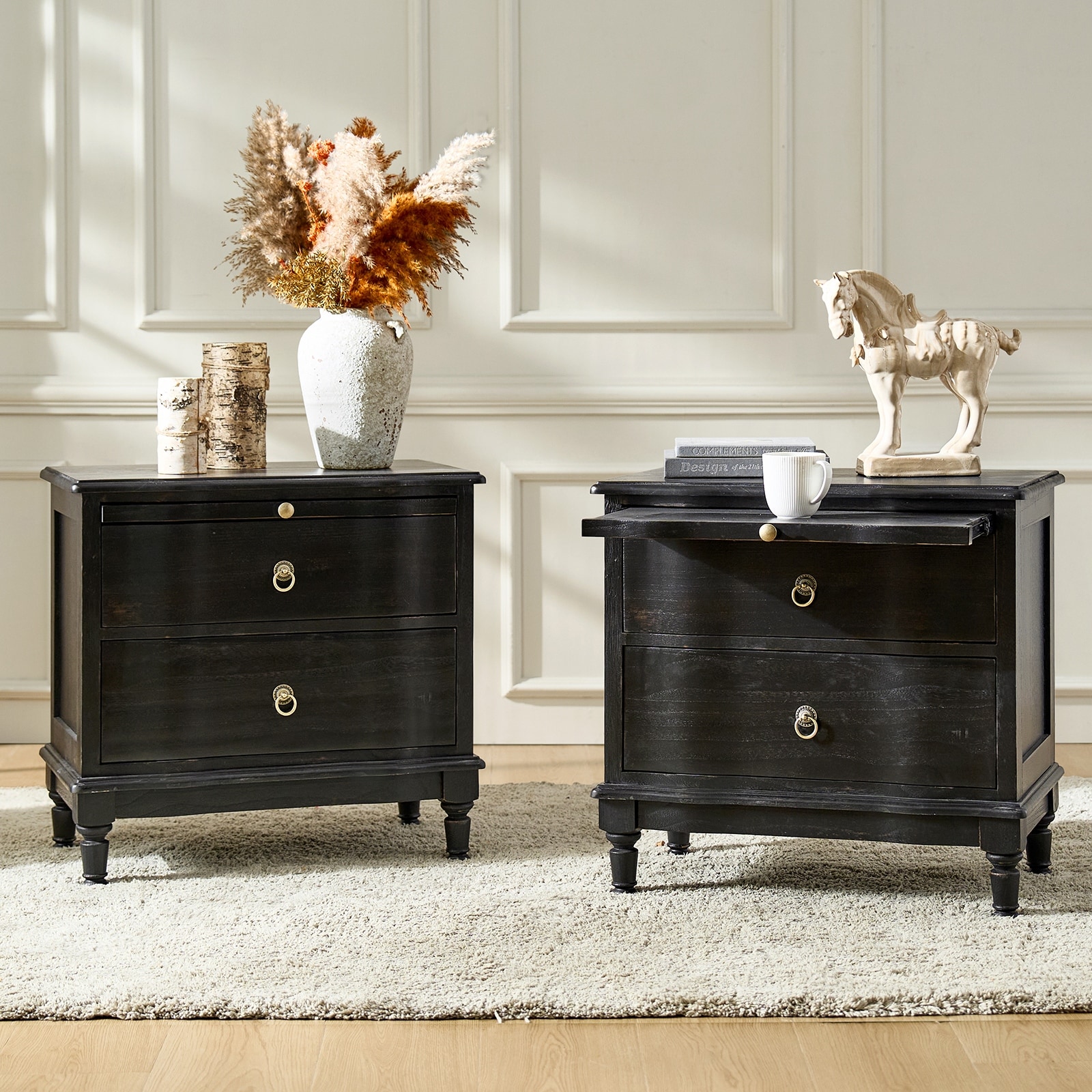 HULALA HOME Becky Traditional 2-Drawer Solid Wood End Table with Integrated Power Outlets and USB Ports Set of 2
