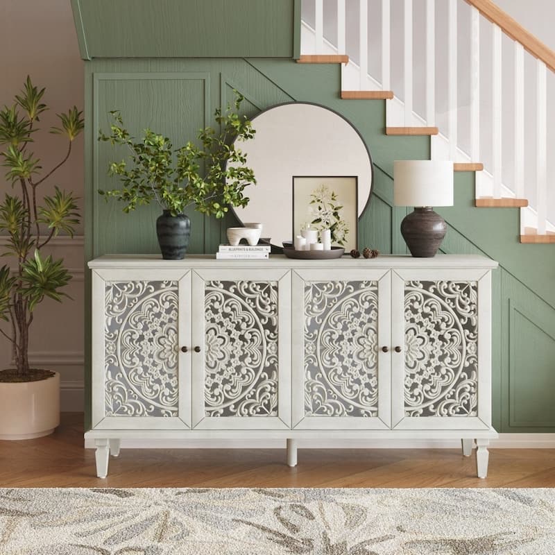 Carved Flower Door Large Storage Cabinet With Metal Handle