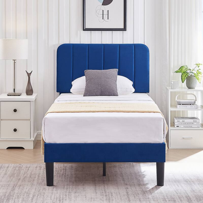 Kids Bed Frame, Height Adjustable Upholstered Bed, Twin Size Bed Set of 2