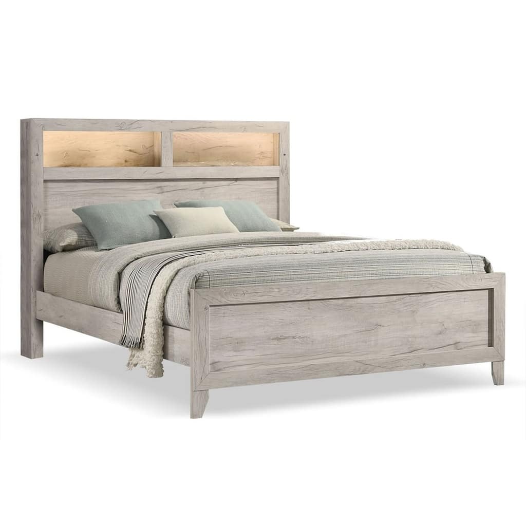 Miot King Size Bed w Headboard Shelves, Weathered White Wash Tone