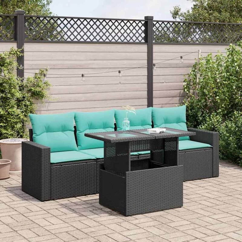 vidaXL Patio Sofa Set with Cushions and Table Outdoor 5 Piece Poly Rattan - 21.7 x 24.4 x 27.2 - Black with storage