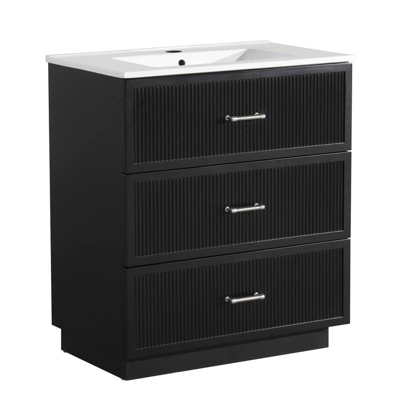 30" Freestanding Bathroom Vanity with Ceramic Sink and 2 Storage Drawers, Stylish Gray Floor Cabinet