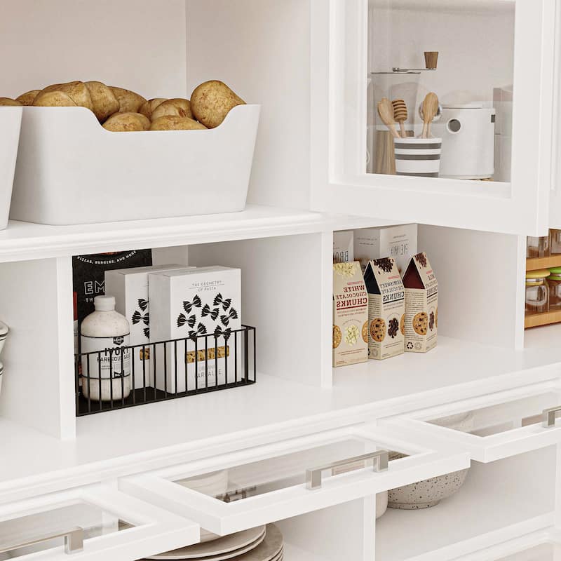 Large Kitchen Pantry Cabinet with Glass Doors and Bottom-Pull Drawers