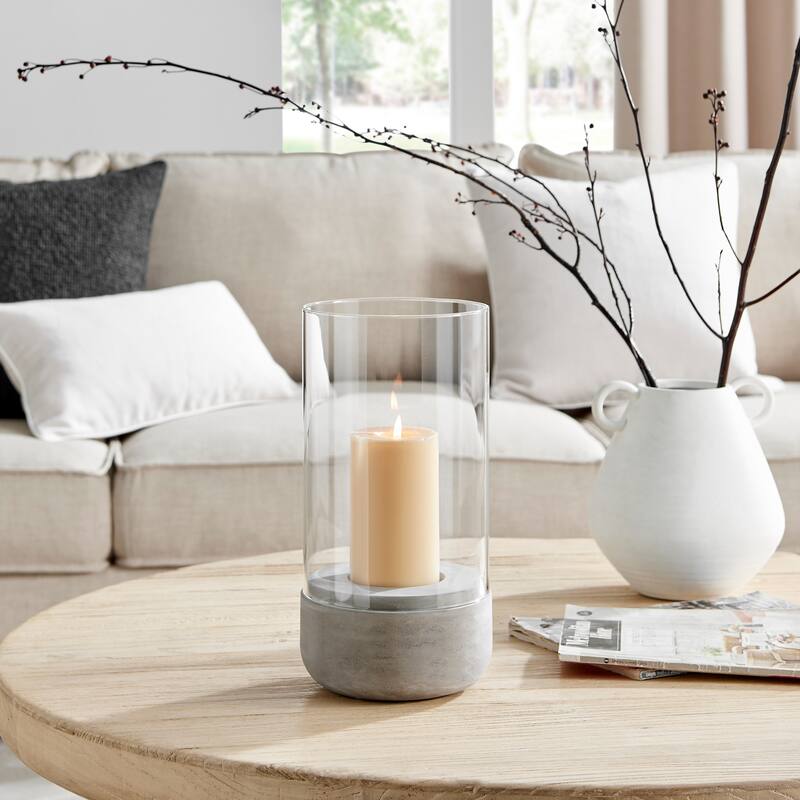 Danya B. Modern Cool Gray Cement Base and Glass Pillar Candle Holder - 6.5" x 6.5" x 12.5"