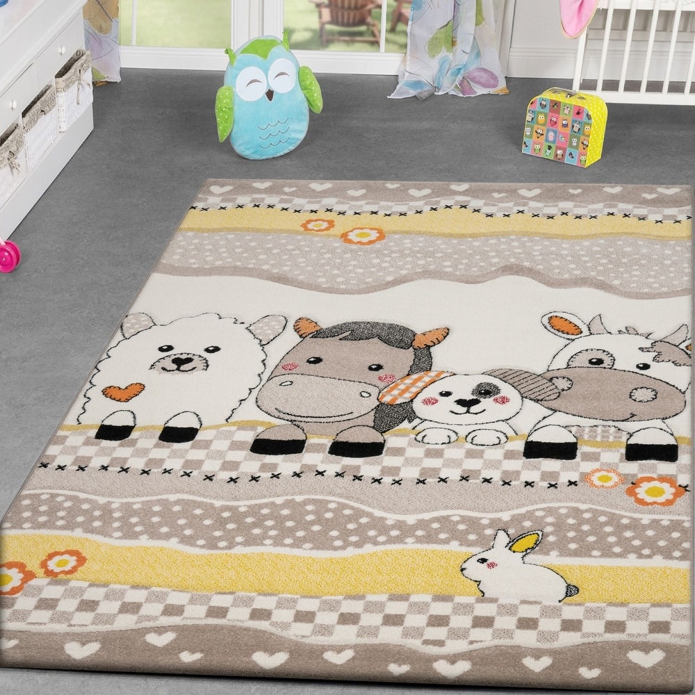 Kids Rug Patchwork Look Charming Farm Animals in Beige Cream