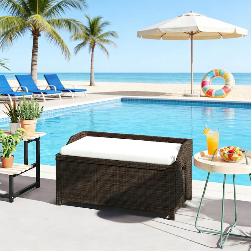 GDFStudio Outdoor Leontine Aluminum PE Rattan 2-in-1 Storage Bench - Coffee,Cream White