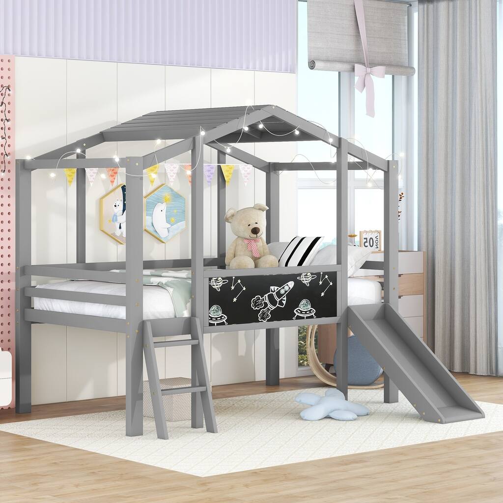 Loft Bed with Ladder and Slide, House Bed with Blackboard and Light Strip on the Roof