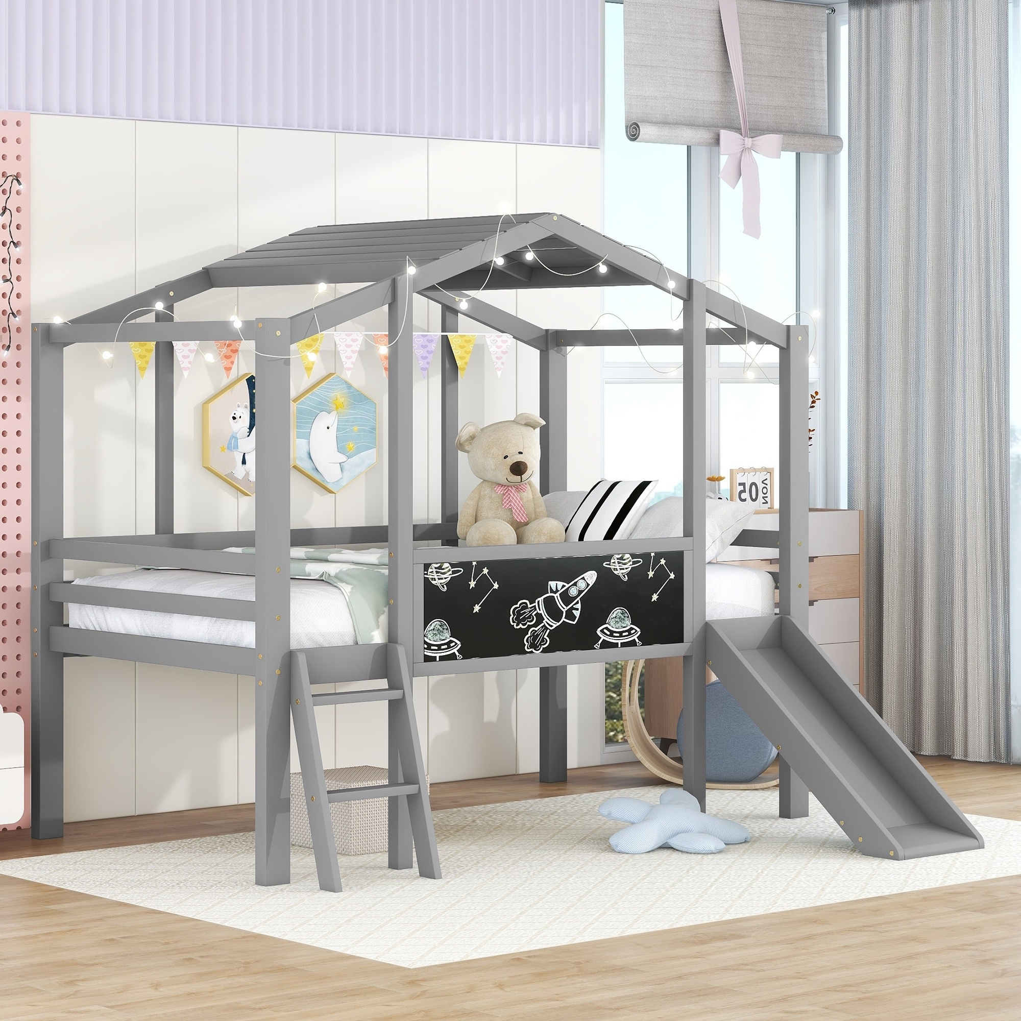 Twin Size Loft Bed with Ladder and Slide, House Bed with Blackboard and Light Strip on the Roof