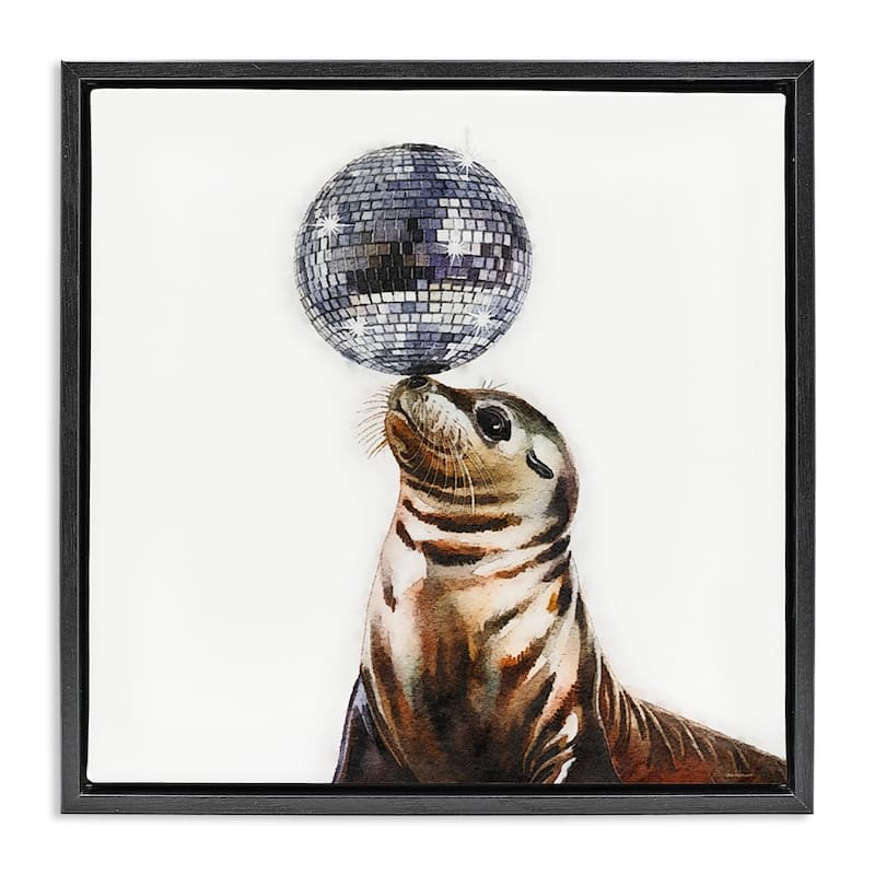 Stupell Seal Balancing Disco Ball Framed Floater Canvas Wall Art Design By Amanda Greenwood - 18 x 18 - Black