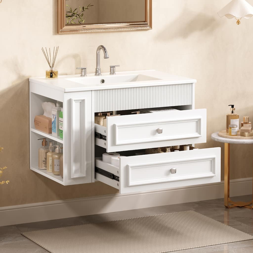 30" Wall Mounted Single Sink Bathroom Vanity, Modern Floating Bathroom Storage Cabinet with 2 Drawers & Side Shelves