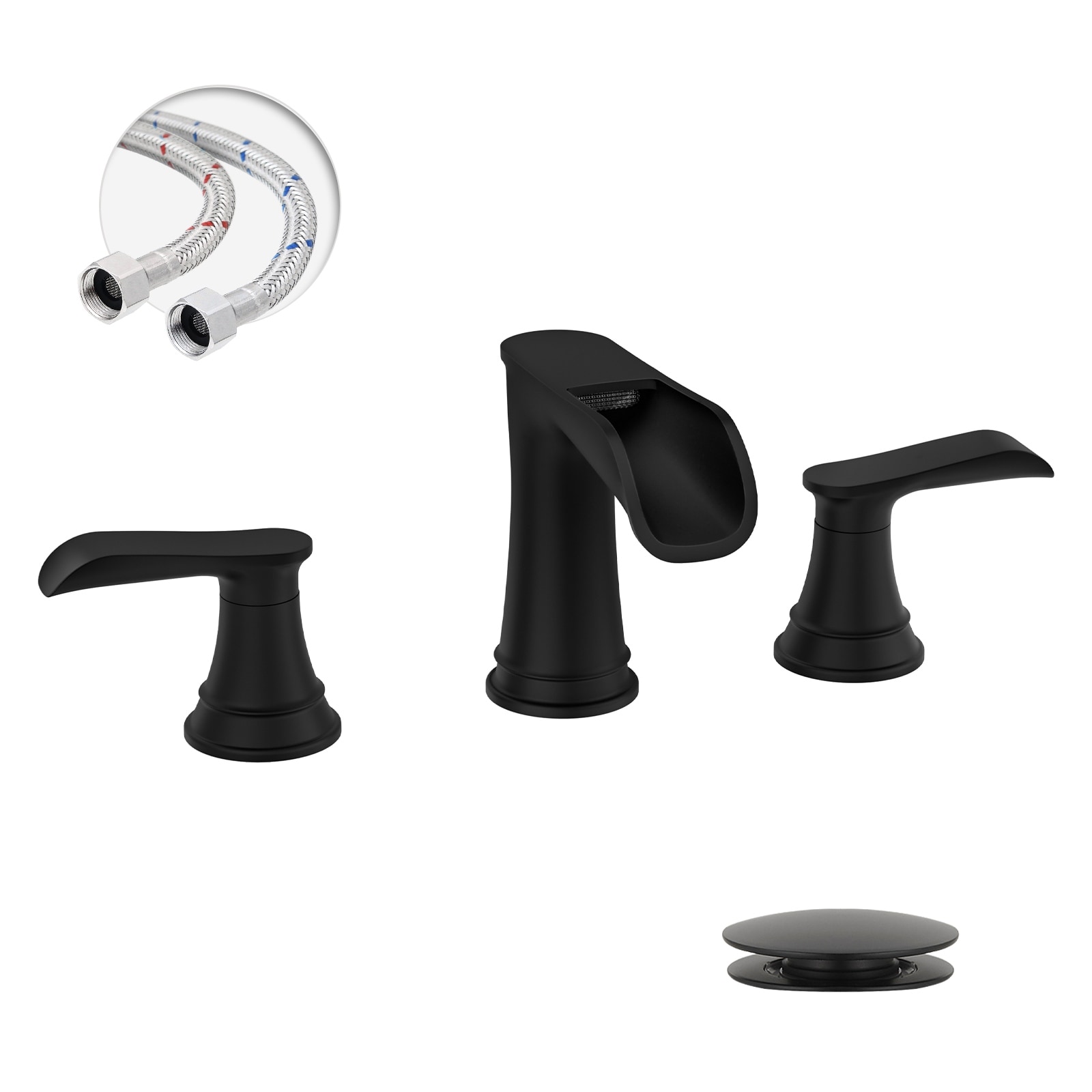 Waterfall 8 in. Widespread Black Bathroom Faucet with Metal Drain