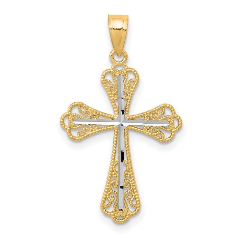 Curata 10k Yellow Gold 18" Rhodium Diamond-Cut Filigree Cross Necklace - 30x16mm