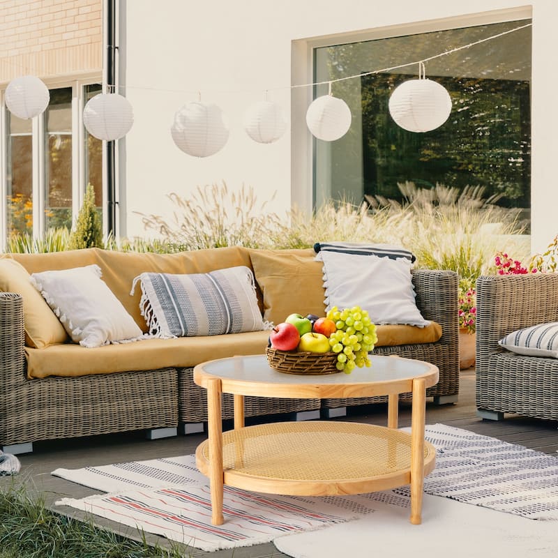 31.5in Rattan Coffee Table with Tempered Glass Top and Hand-Woven Shelf for Indoor Outdoor - 31.5” x 31.5” x 17.3”