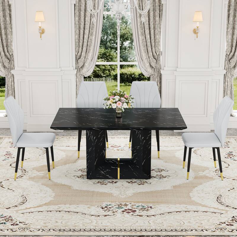 Modern 5-Piece Dining Set with Rectangular Table & Widened Backrest Chairs - Black+Light Gray