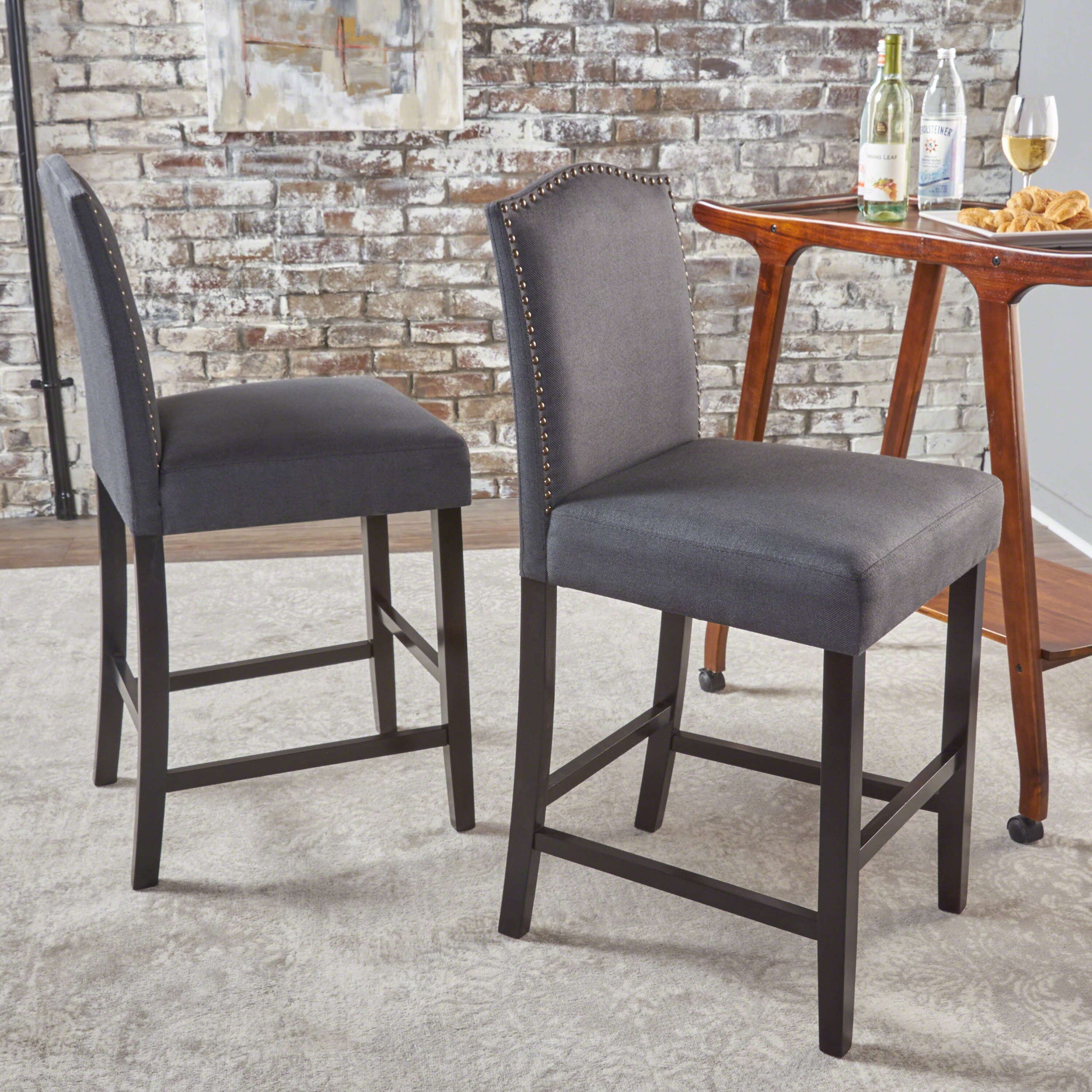 Roomfitters Set of 2 Upholstered Counter Stools with Nailhead Trim, Bar Chairs with Fabric Padded Seat and Backrest