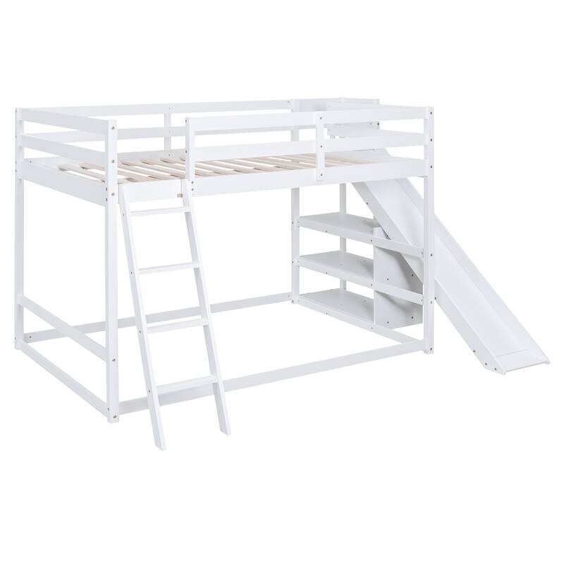 Full over Full Bunk Bed with Ladder, Slide, and Shelves in White