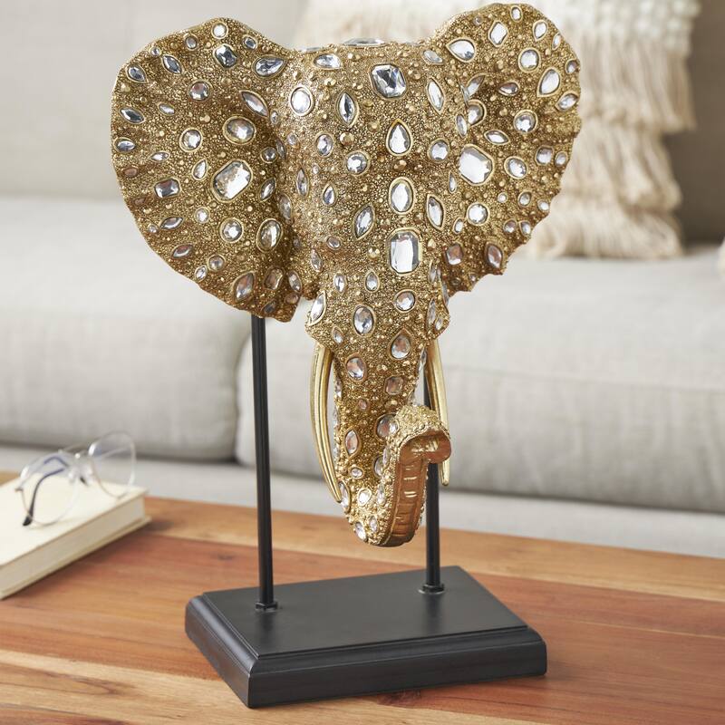 Resin Elephant Beaded Decorative Sculpture with Rhinestone Accents and Black Metal Stand - Gold - Roche River Decor
