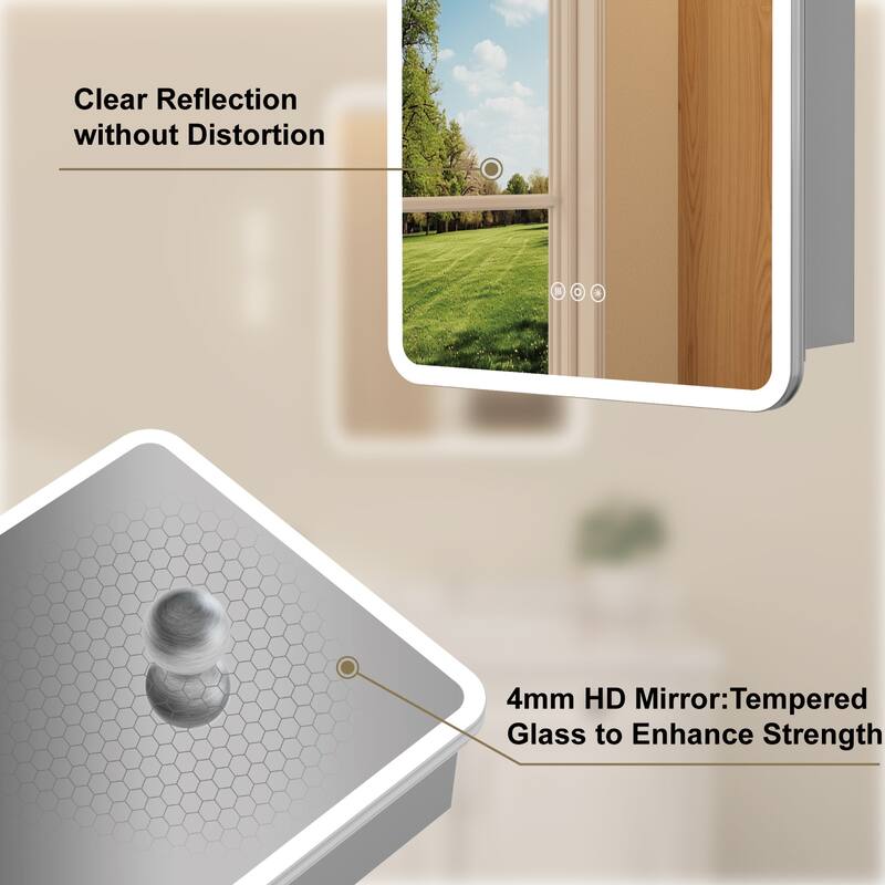 Rounded Edge LED Medicine Cabinet with Mirror, Dimmable, Anti-fog, Adjustable Shelves, Recessed or Wall Mount, ETL Certified