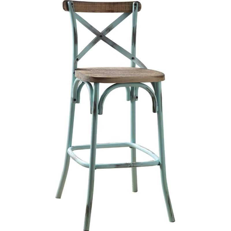 20.5" High Metal Frame Kitchen Bar Stool with Rustic Brown Wood Seat and Sky-Blue Legs Full Back - 43”H x 18”W x 20”D