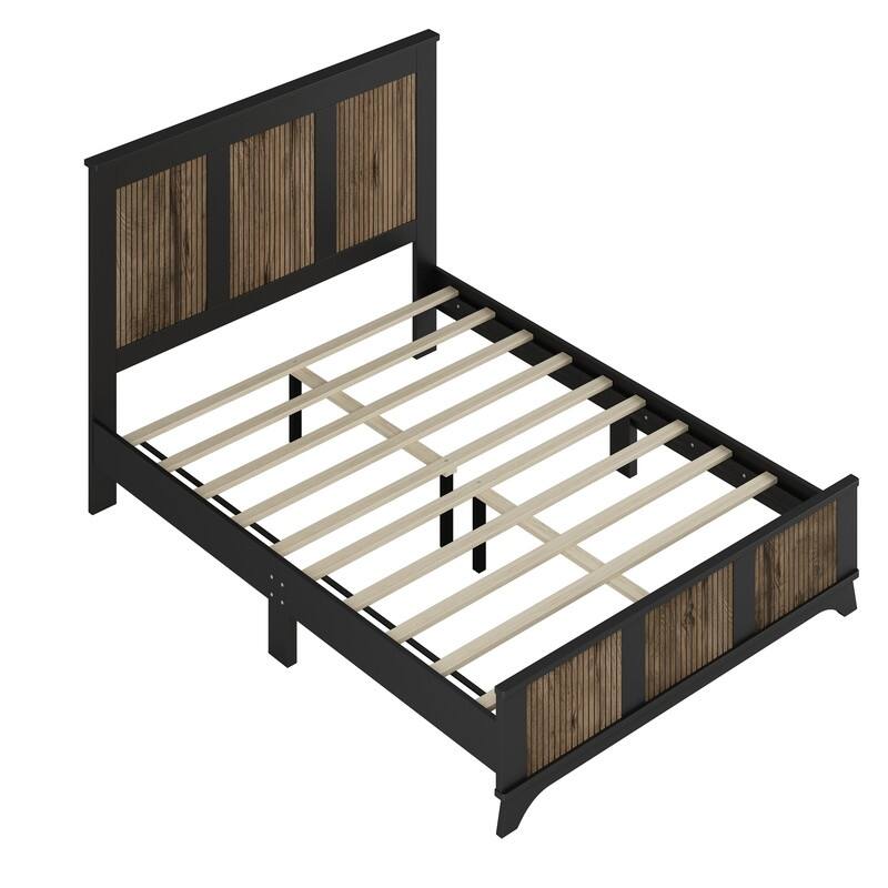 4-Pc Full/Queen Farmhouse Bedroom Set with Wooden Strip Stickers, Storage Nightstand & Dresser, White/Black
