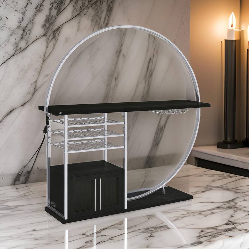Riya Home Bar Table, LED Light, Cabinets, Wine Storage, Black, Chrome Metal