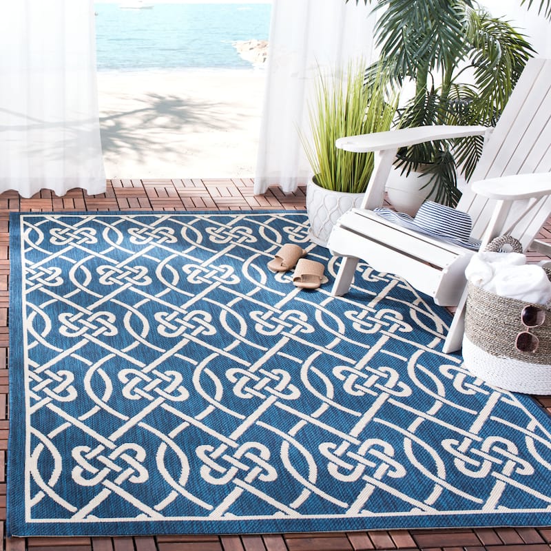 SAFAVIEH Courtyard Dursine Indoor/ Outdoor Waterproof Patio Backyard Rug - 5'3" x 7'7" - Navy/Light Beige