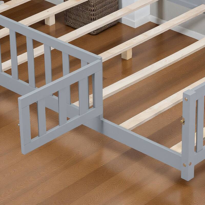 Full Size Montessori Floor Bed with Fence and Door, Solid Wood Platform Bed with Slats for Kids and Toddlers