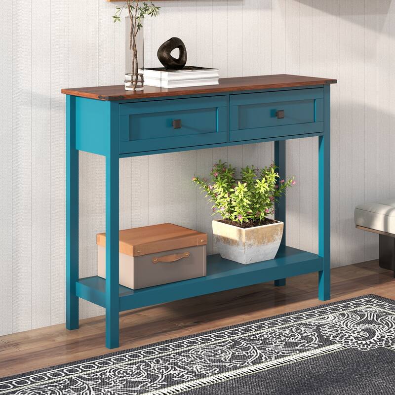 Farmhouse Console Table with 2 Drawer and Open Storage Shelf for Entryway Rustic 39.37" Wood Side Table Sofa Tables Behind Couch