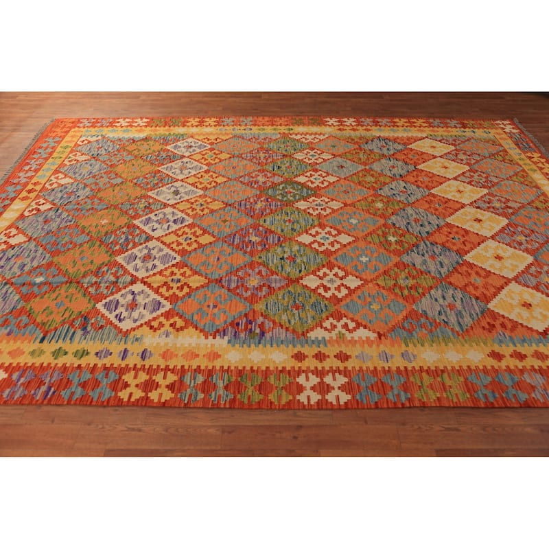 Trellis Geometric Kilim Oriental Area Rug Hand-Woven Wool Carpet - 8'4"x 10'10"