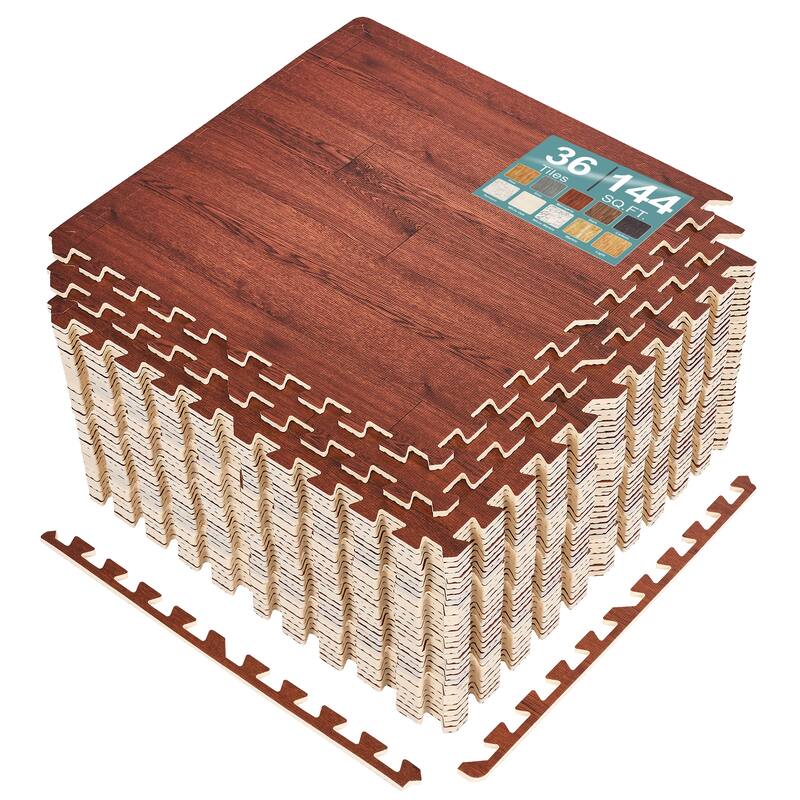 Sorbus 144 Sq. Ft. Wood Grain Floor Tiles Foam Mat EVA Interlocking Mats Tile 3/8-Inch Thick Flooring Wood Puzzle Exercise Mats - Mahogany Wood Grain