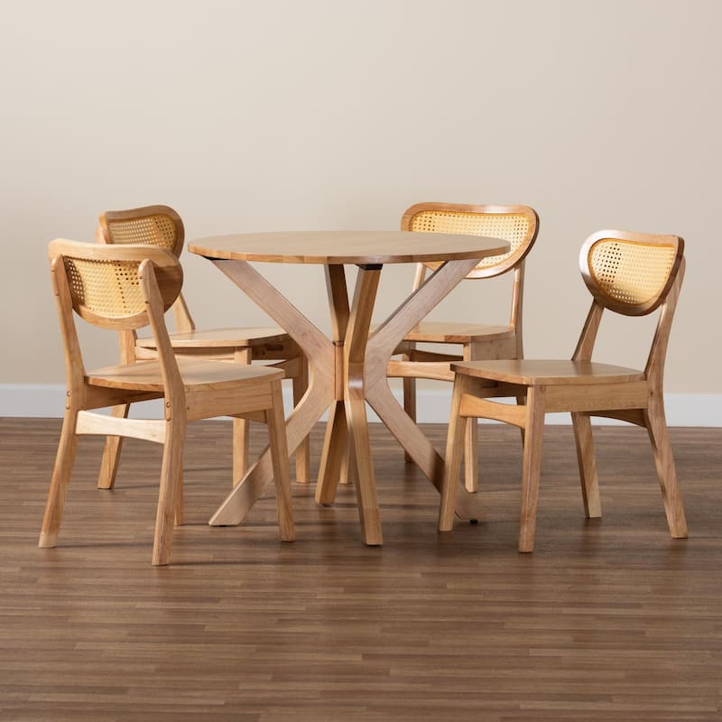 Donato Mid-Century Oak Brown Finished Wood and Rattan 5-Piece Dining Set