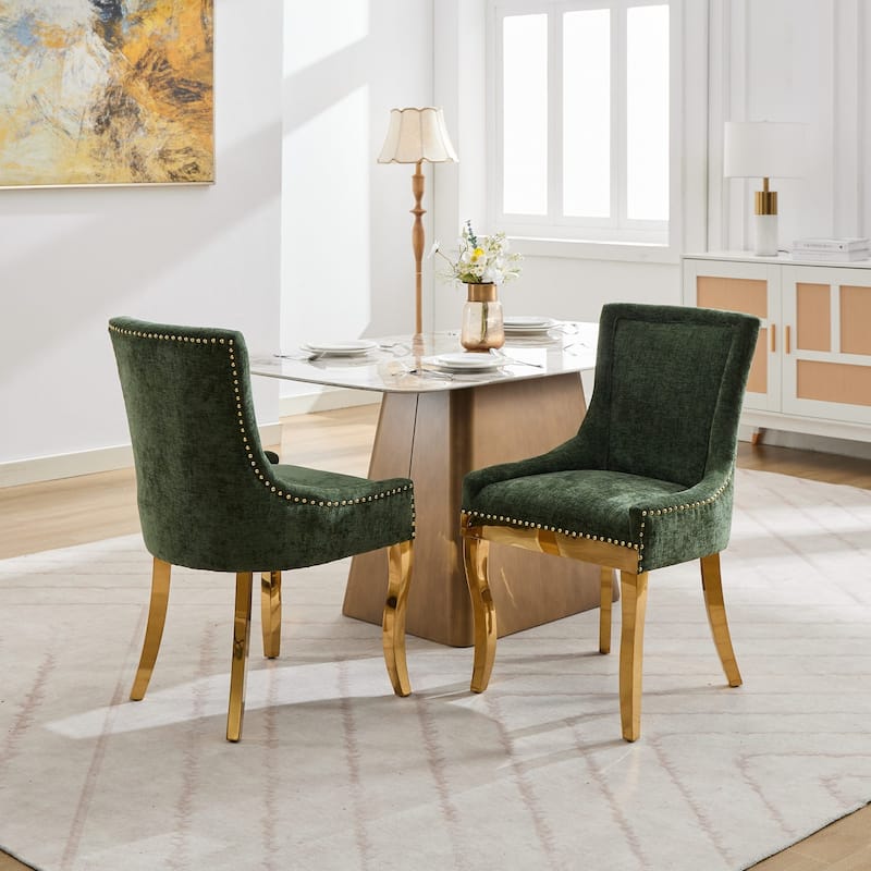 Chenille Dining Chairs, Modern Upholstered Accent Chair with Curved Gold-Plated Legs & Rivet Trim, Plush Fabric, Set of 2