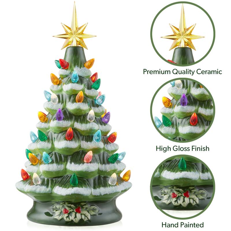 12in Hand Painted Ceramic Christmas Tree PreLit Tree with Star