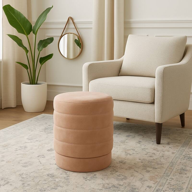 Round Upholstered Ottoman - Compact Pouf Footstool - 19", Brown