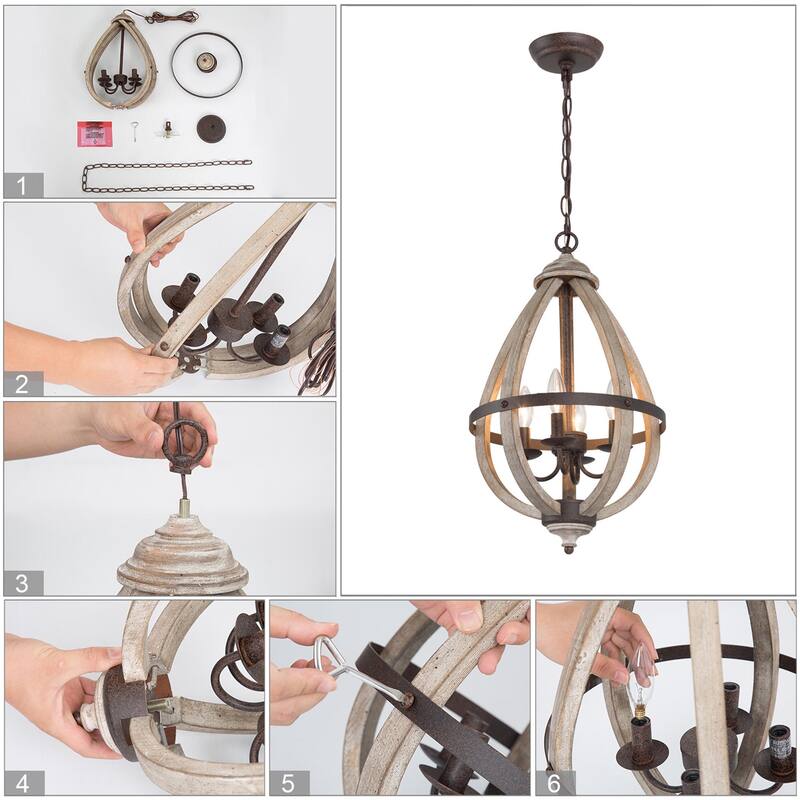 Farmhouse 4-Light Wood Lantern Chandelier Kitchen Island Pendant Light - D13" x H22"