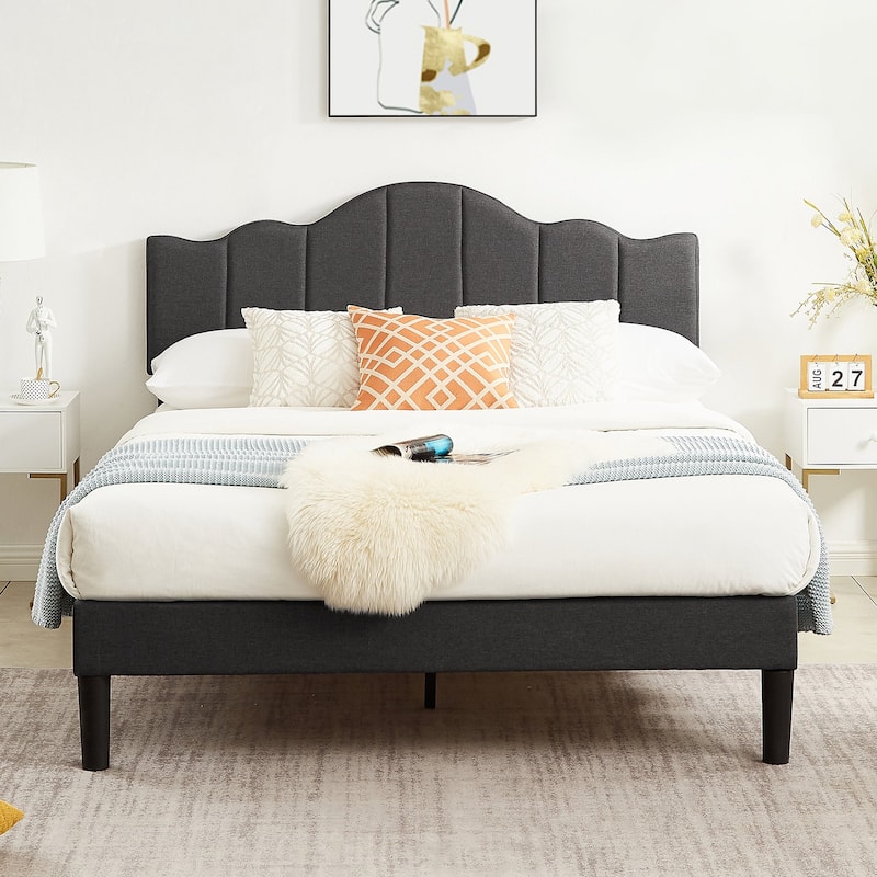 VECELO Modern Upholstered Bed with Curved Height Adjustable Headboard,Dark Grey
