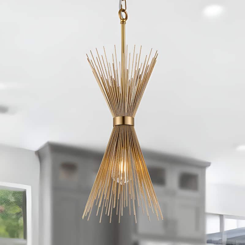1 Light Sleek Metal Radiating Quills Pendant Lamp Spike Small Chandelier - Brass