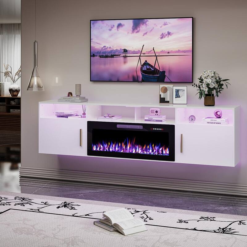 BOSSIN 80" Floating TV Stand with 36" Electric Fireplace, High Gloss Finish Wall Mounted Fireplace TV Stand with Storage