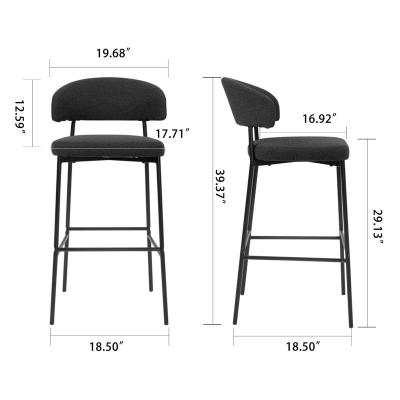 Set of 2 Bennett Black Boucle Upholstered Fabric Bar Stool with Black Iron Legs