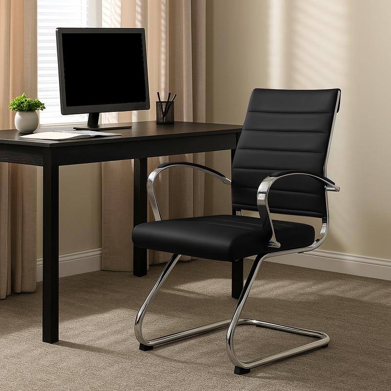 Benmar Series Mid Back Modern Leather Office Executive Desk Chair, Ergonomic Seating with Stainless Steel Sled Base