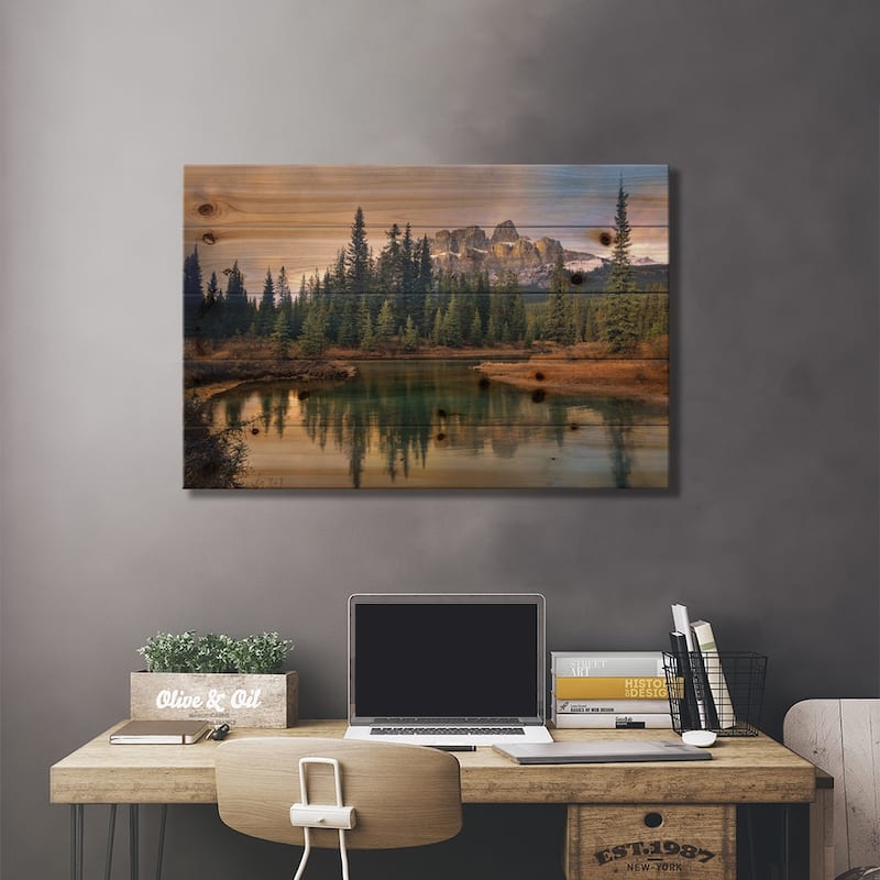 Castle Mountain And Boreal Forest Reflected In Lake, Alberta, Canada Print On Wood by Tim Fitzharris - Multi-Color