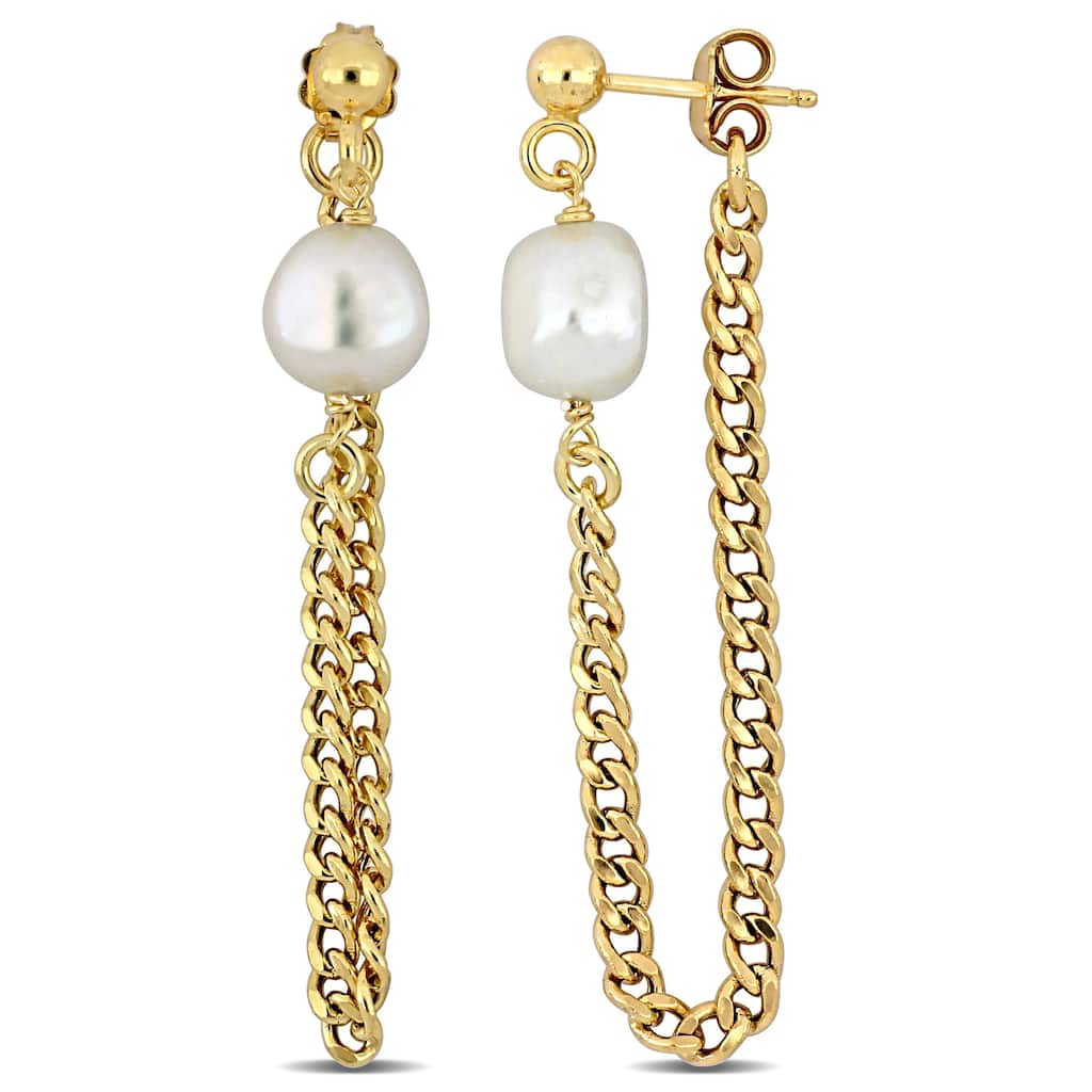 Miadora 8-8.5mm Cultured Freshwater Pearl Earrings Curb Chain Yellow Silver