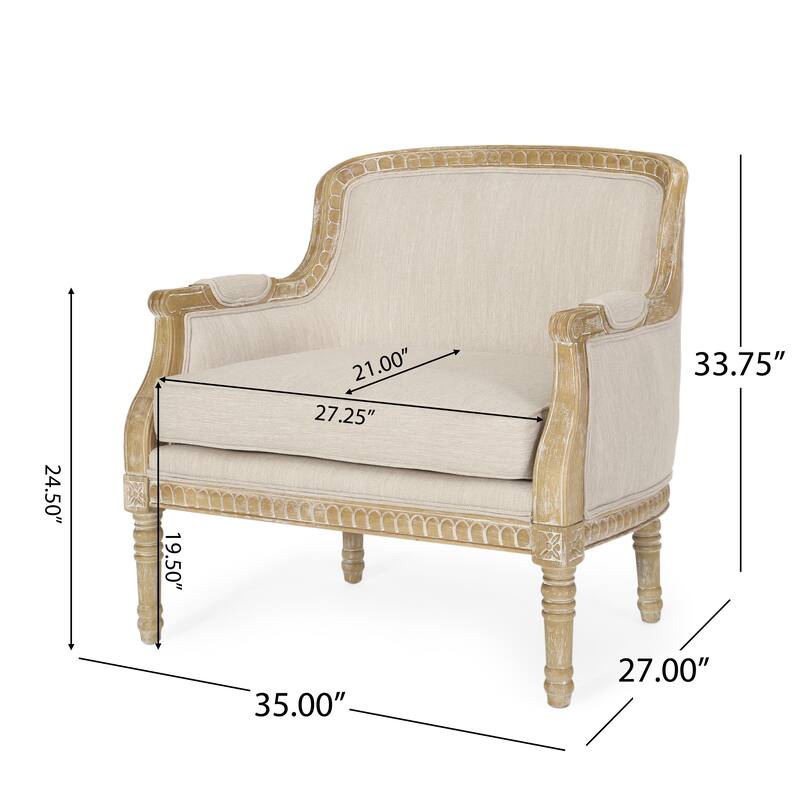 Roomfitters Upholstered Club Chair, Carved Wood Frame with Cushioned Seat, Classic Accent Armchair in Linen