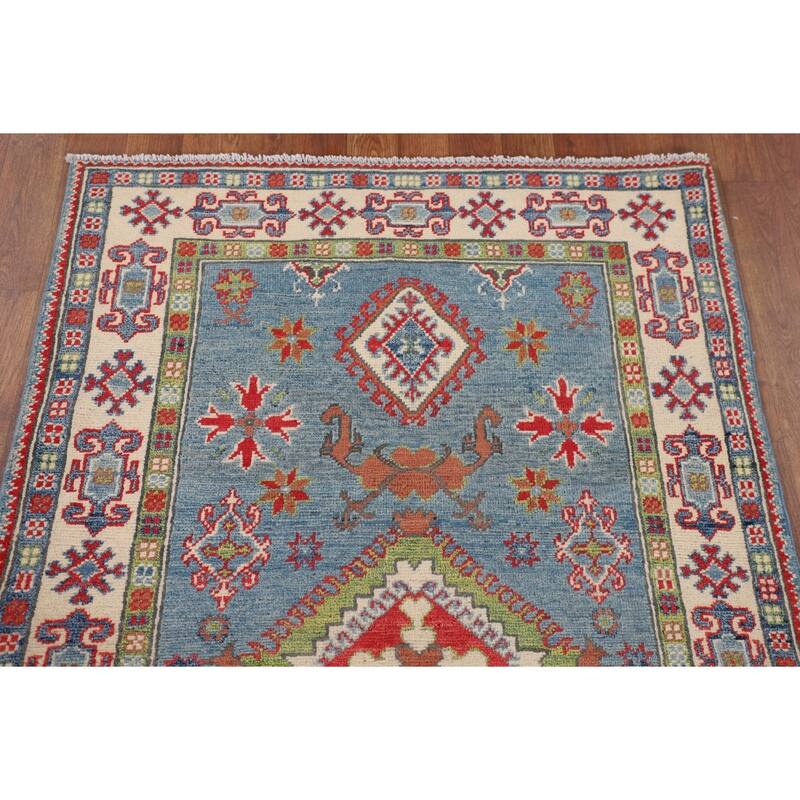 Light Blue Geometric Kazak Rug Hand-Knotted Wool Carpet - 3'3" x 4'11"