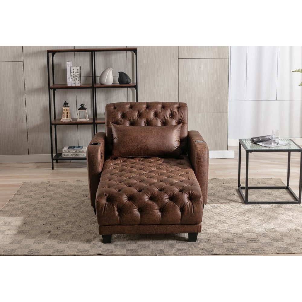 Linen Upholstered Multifunctional Tufted Wireless Charging Leisure Sleeper Armchair with 2 Cup Holders