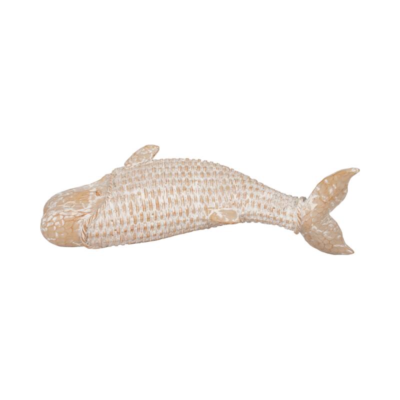 Sagebrook Home 17" White Resin Wicker Beluga Whale Figurine, Polyresin Coastal Decor Accent for Serene Home Styling